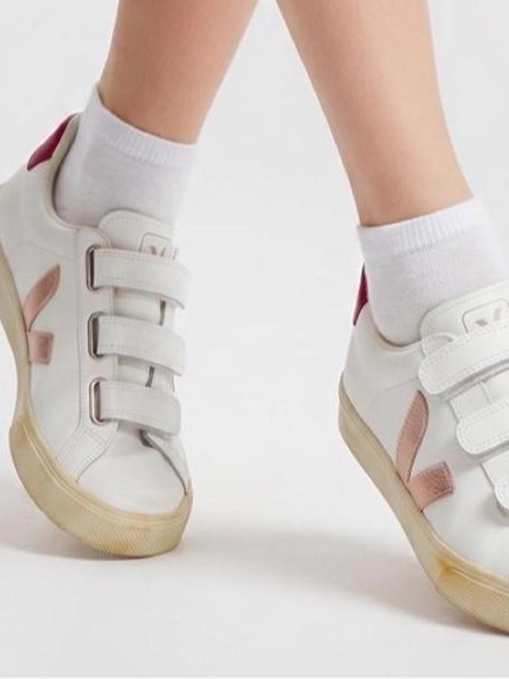 Veja White Sneakers with Rose Gold V and Red Heel Tab